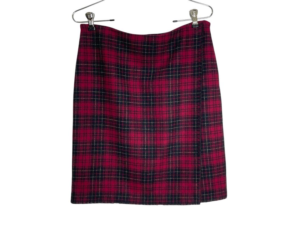 Eddie Bauer Women's Sz 4 Red Black Tartan Plaid Wool Blend Faux Wrap Mini Skirt
